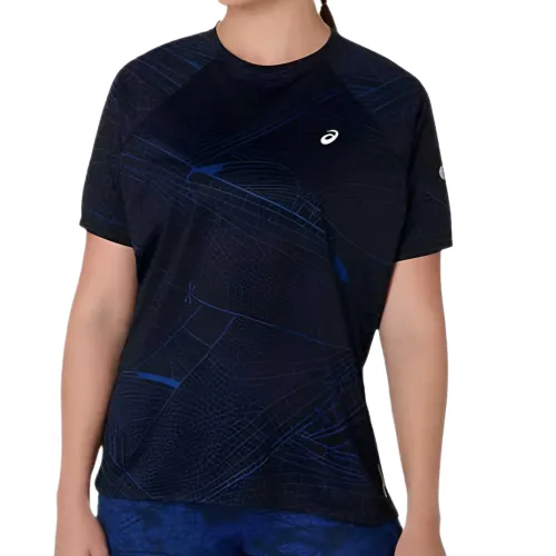 ASICS ROAD T Shirts Women's Black/Dark Cobalt Crew Neck
