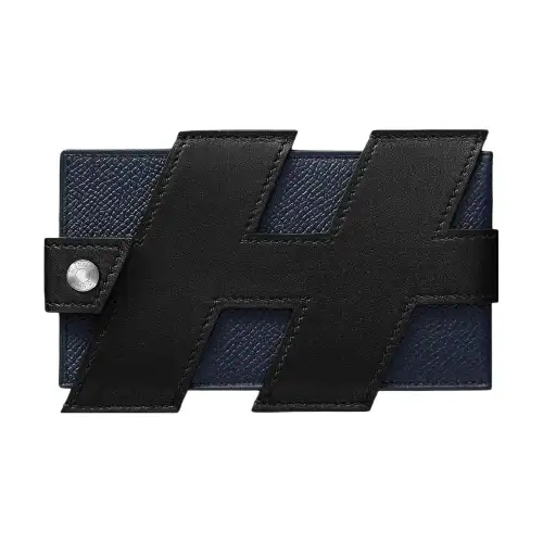 HERMES H Tag Silver Tone Buckle Evercalf With Epsom Leather Card Holder Women's Black And Indigo Blue