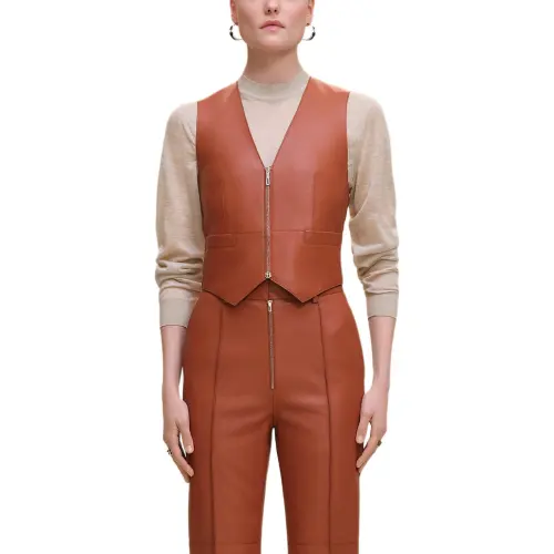 HERMES Vests Women's Light Brown V Neck Moderate Business Suit