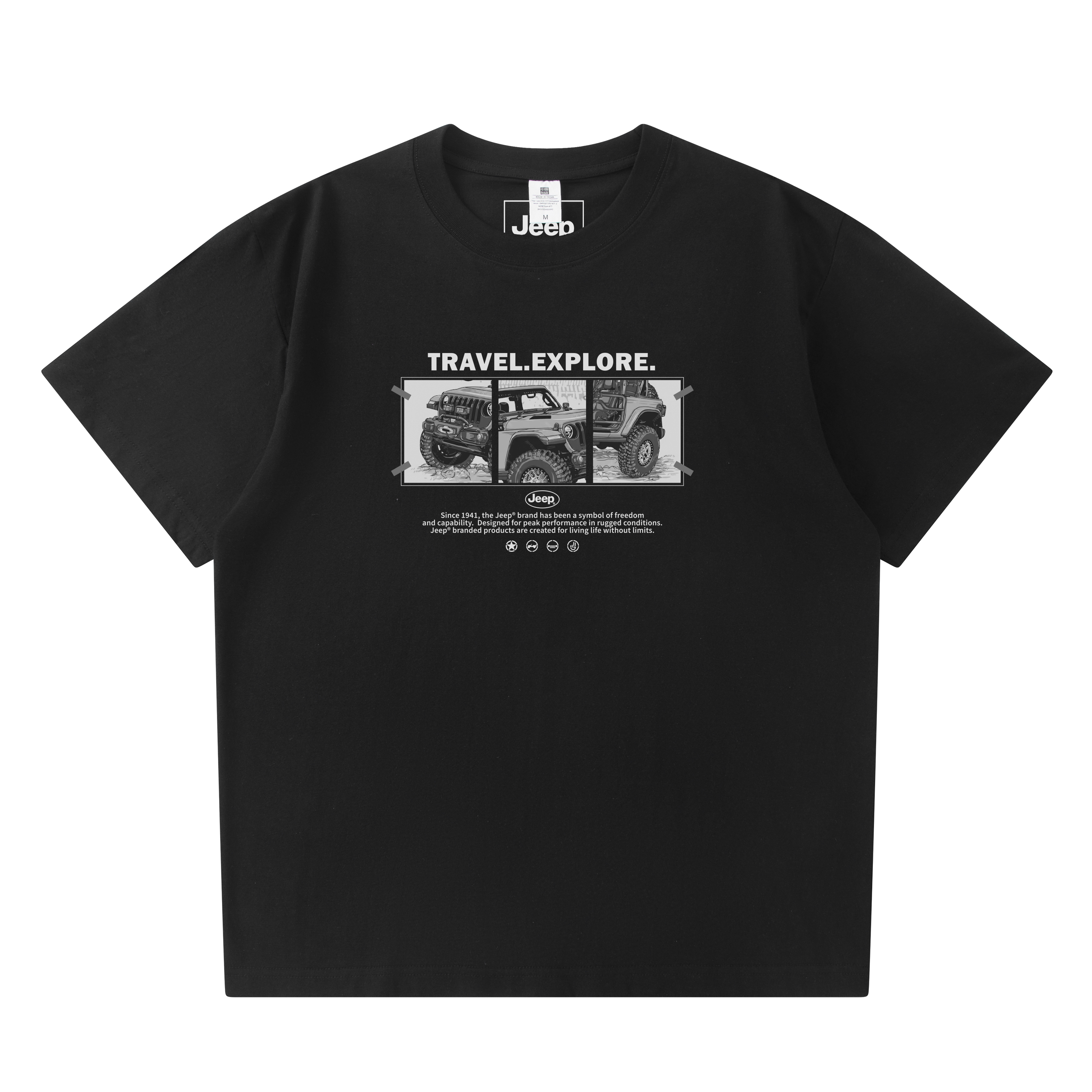 Jeep Cotton jeep, universal travel breathable short sleeve T-shirt with a round collar for men and women, 230G, American style, with your logo imprint, loose fit