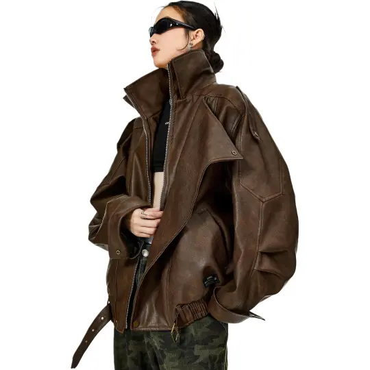 ZIAREL Leather Jackets Unisex Stand Collar Moderate