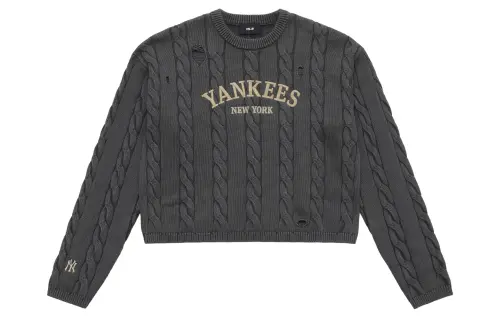 MLB New York Yankees FW25 MLB College Style Series Fashion Trend Personality Casual Comfort Skin Friendly Versatile Retro Distressed Cable Round Neck Short Pullover Sweater Women's Standard Charcoal Gray