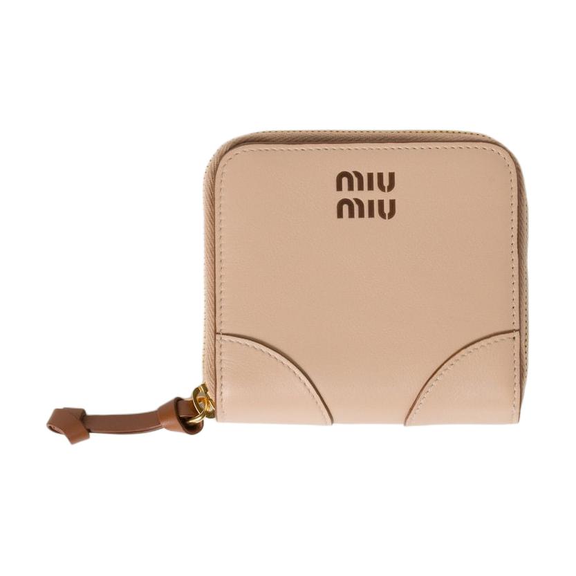 MIU MIU Miu Miu Screen Printed Logo Moire Lining Cowhide Wallet Small Women's Cognac