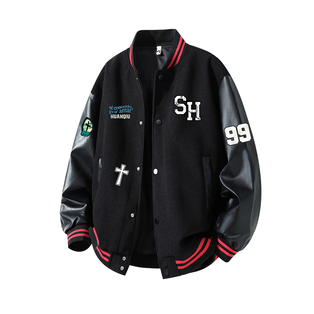 Global HUANQIU American street retro autumn and winter contrasting color personality symbol round print cross number element design style pu leather sleeves loose, comfortable and versatile daily commuting college style baseball uniform same style for men and women