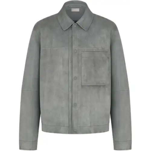 DIOR Leather Jackets Men's Coal Gray Lapel Moderate