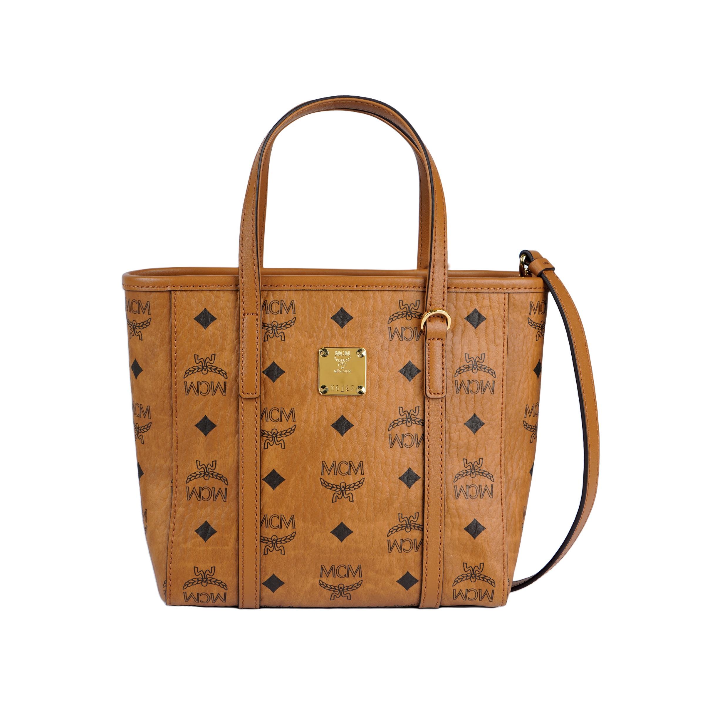 MCM Toni Classic Old Flower Printed Vegetable Basket Tote Crossbody Shopping Bag Shoulder Bag Artificial Leather Handbag Mini Women's Cognac