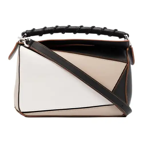 LOEWE Puzzle Leather Shoulder Bag, Crossbody Bag, Handbag Women's White & Beige & Black