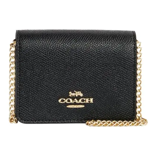 COACH Women's Mini Leather Wallet Chain Crossbody Bag Black