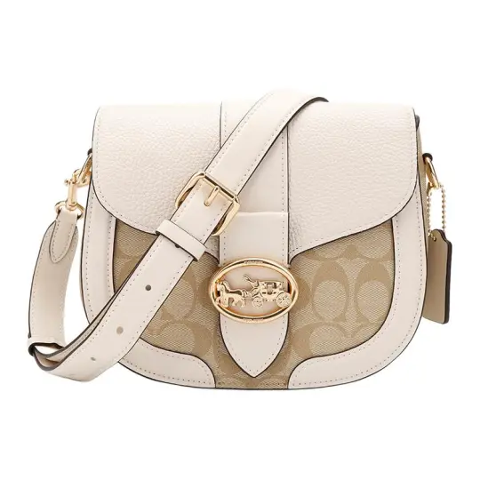 COACH Georgie PVC With Leather Saddle Bag, Shoulder Bag, Crossbody Bag Small Women's Beige & Light Khaki