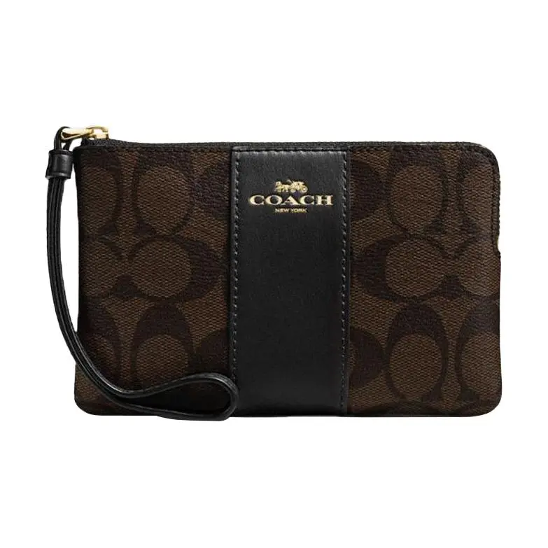 COACH Corner Zip Canvas With Leather Clutch Wrist Bag Pochette Coin Purse Women's Dark Brown