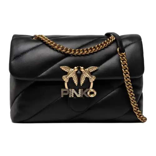 PINKO Quilt Sheepskin Shoulder Bag, Crossbody Bag Medium Women's Black & Black Gold