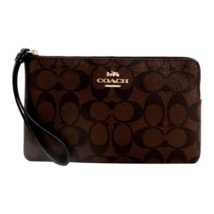 COACH Corner Zip Canvas With Leather Pochette Clutch Small Women's Black Brown