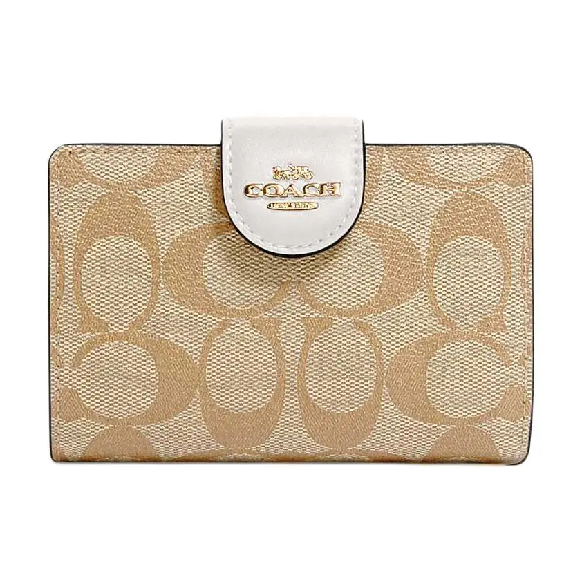 COACH Corner Zip Cow Leather Wallet Women's Light Brown & White