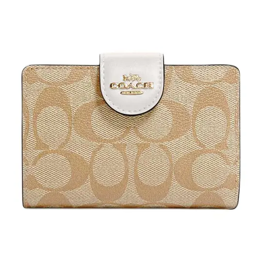 COACH Corner Zip Cow Leather Wallet Women's Light Brown & White