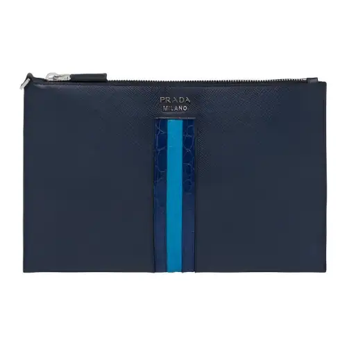 PRADA Leather And Crocodile Leather Clutch Women's Blue