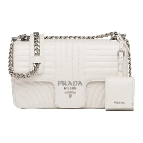 PRADA Diagramme Magnetic Closure Leather One Shoulder Handbag Crossbody Bag Women's White