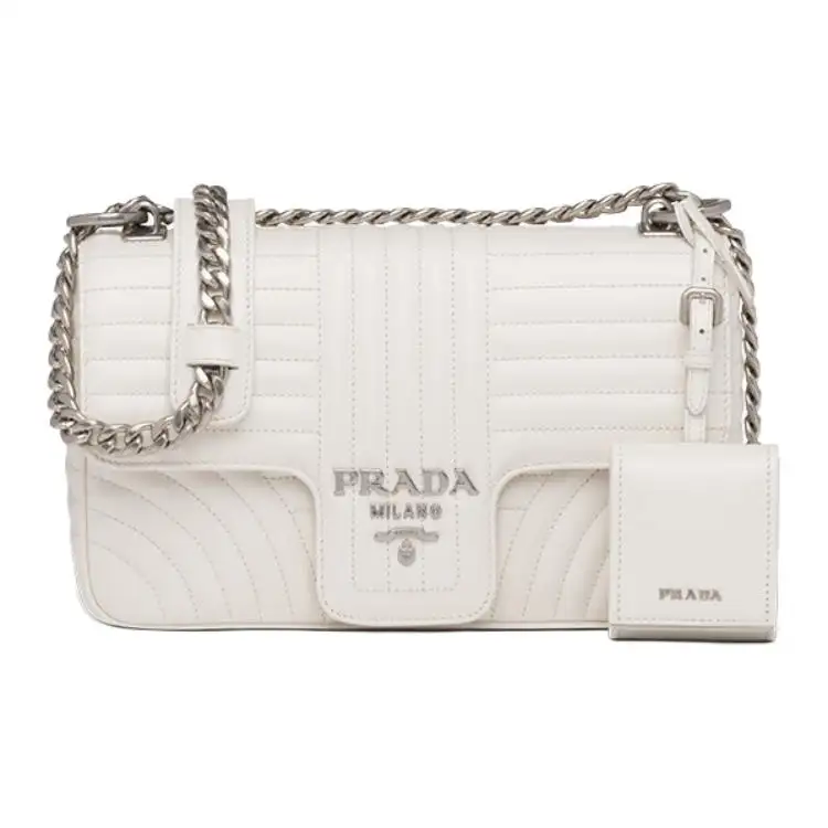 PRADA Diagramme Magnetic Closure Leather One Shoulder Handbag Crossbody Bag Women's White