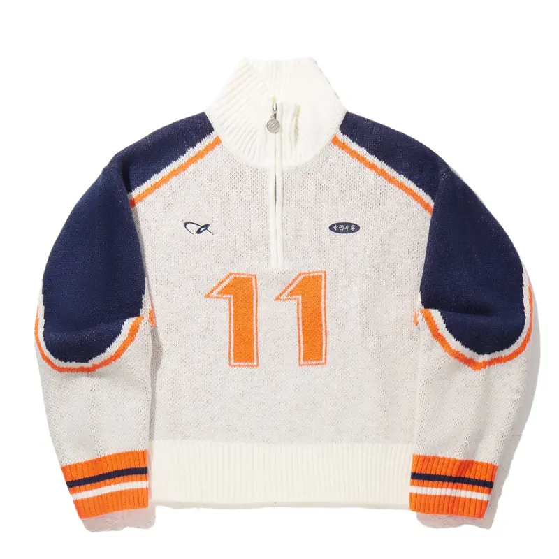 Li Ning Knitwear Women's Mother Of Pearl White/Deep Blue/Carrot Orange Stand Collar Moderate