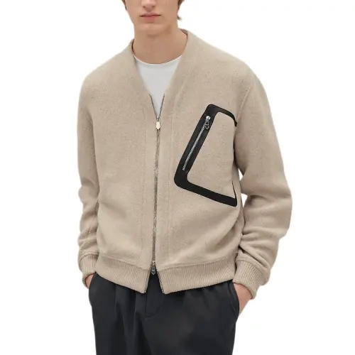 HERMES Sweaters Men's Sand V Neck Moderate Cardigan