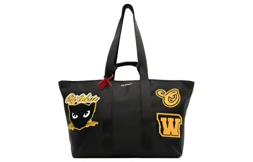 OFF WHITE Calfskin With Nylon Tote Bag, Shopping Bag, Shoulder Bag, Handbag Men's Black