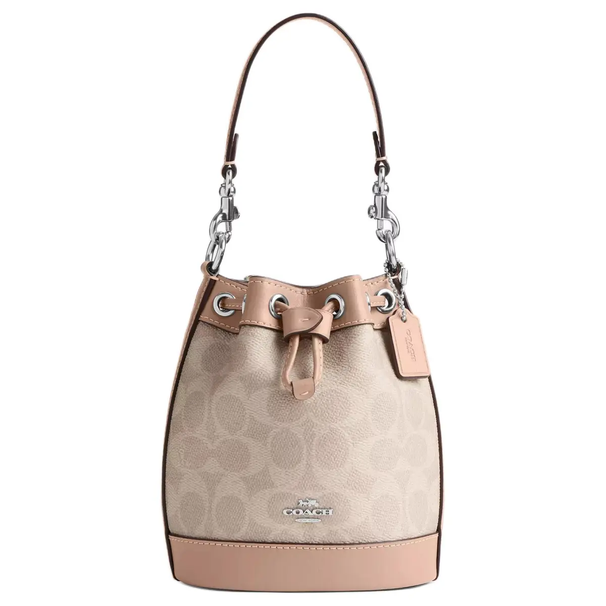 COACH Dempsey Coated Canvas With Leather One Shoulder Bucket Bag, Crossbody Handbag Mini Women's Light Khaki
