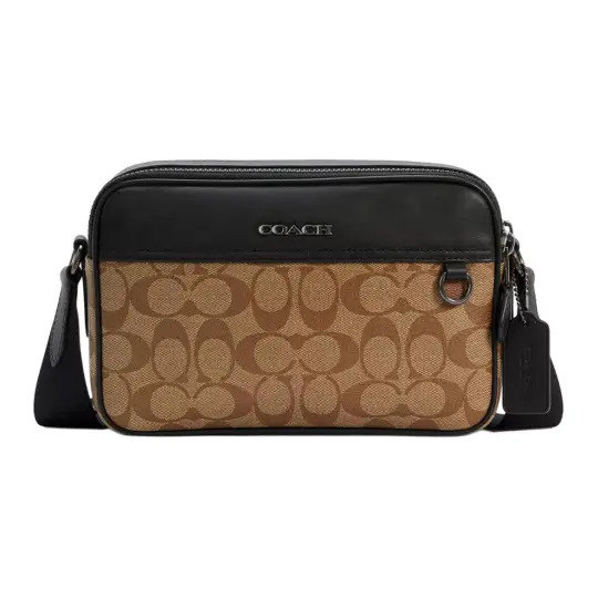 COACH Graham PVC With Cow Leather Handbag, Shoulder Bag, Crossbody Bag Medium Men's Khaki Black