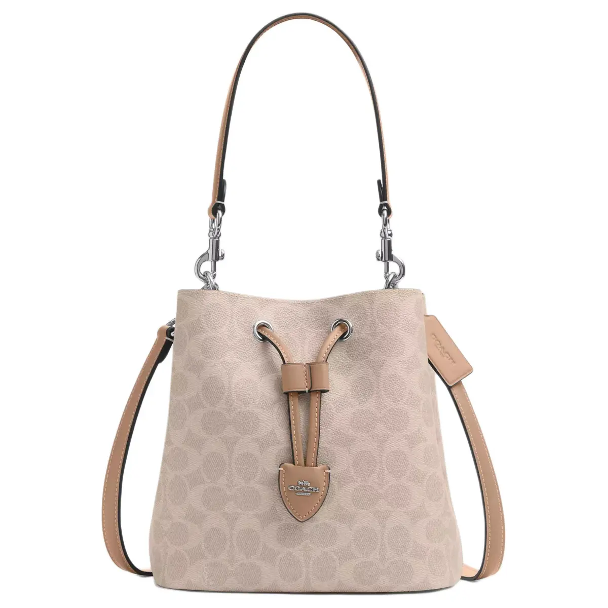COACH Rowan Artificial Leather Bucket Bag, Handbag, Shoulder Bag Medium Women's Sand Yellow & Gray Umber
