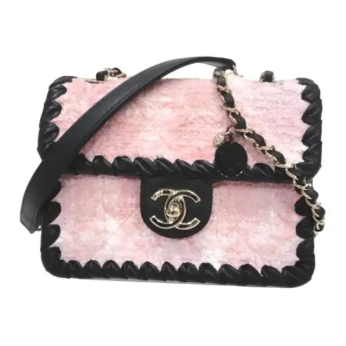 CHANEL Coarse Tweed & Calfskin & Gold Metal Shoulder Bag, Crossbody Bag Mini Women's Pink & Black