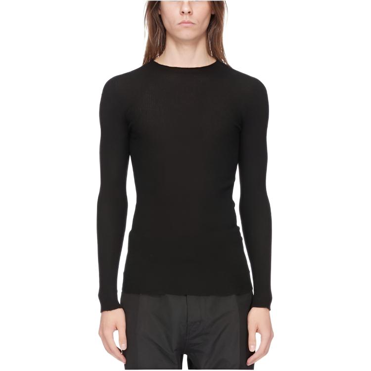 RICK OWENS/RO Lido Ribbed Round Neck Lightweight Ribbed Knit Sweater Men's Black