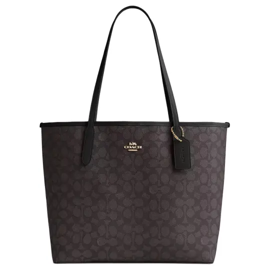 COACH City 33 пластинка с логотипом, магнитная пряжка, большая сумка, большая сумка, сумка для покупок, сумка через плечо из парусины с покрытием, женская сумка большого размера, черный с коричневым