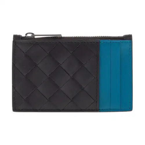 Bottega Veneta Intrecciato Calfskin Wallet, Card Holder Men's Brown & Blue