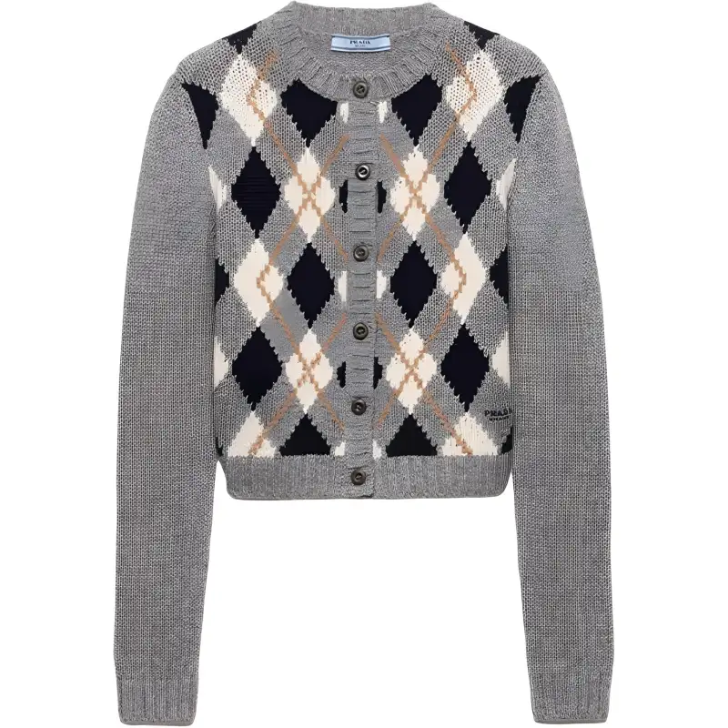 Prada Check-Patterned Crewneck Cardigan