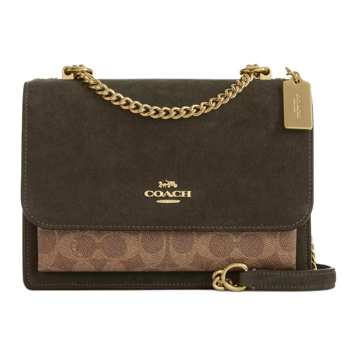COACH Klare Suede Coated Canvas With Smooth Leather Shoulder Bag, Crossbody Bag Small Women's Army Green & Brown Umber