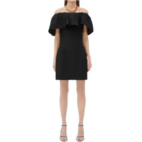 Bottega Veneta Collar And Ruffle Detailing Realised In A Textured Viscose Sleeveless Dress Women's Black