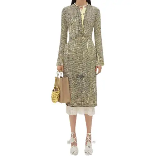 Bottega Veneta Printed Viscose Creased Dress Long Sleeved Dress Women's Yellow/Charcoal