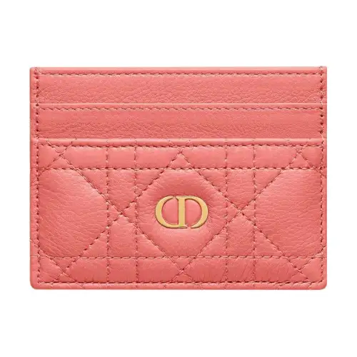 DIOR Caro Soft Cow Leather Card Holder, Wallet, Card Holder Women's Gray Tone Coral Pink