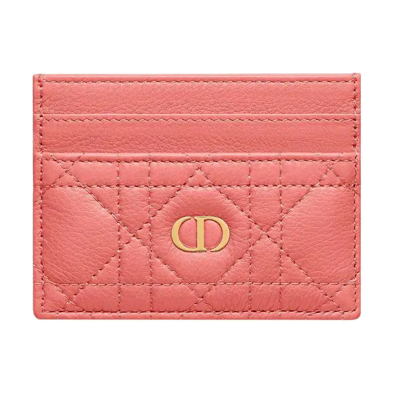 DIOR Caro Soft Cow Leather Card Holder, Wallet, Card Holder Women's Gray Tone Coral Pink
