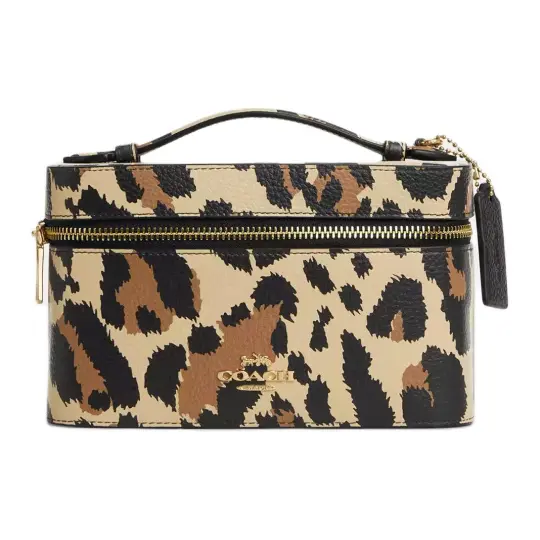 COACH Cosmetic Pebbled Leather Makeup Bag Women's Leopard Print Gold