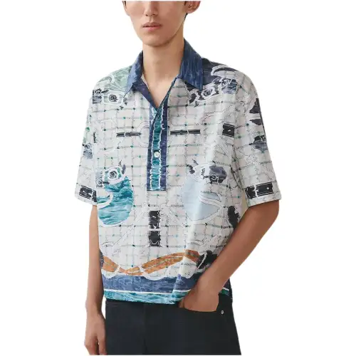 HERMES Polo Shirts Men's Light Blue Polo Collar Moderate Straight Fit