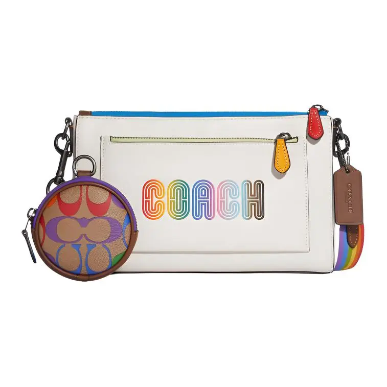 COACH Leather Crossbody Bag, Shoulder Bag Mini Women's White/Brown/Rainbow