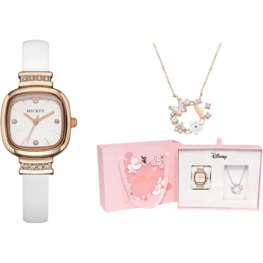 Disney Small Square Table Quartz Movement Leather Strap Watch Women's Watch Gold Dial