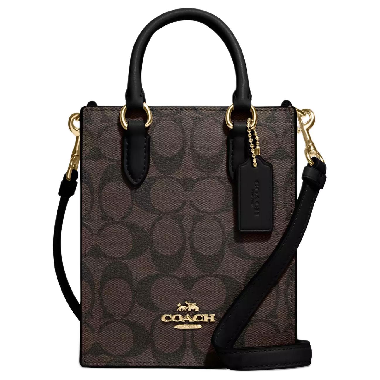 COACH Coach N/S North/South 14 gold logo logo plate classic jacquard hardware buckle coated fabric and leather tote bag mini women's black