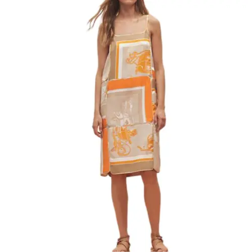 HERMES Slip Dresses Women's Beige Square Collar Moderate Mid Length