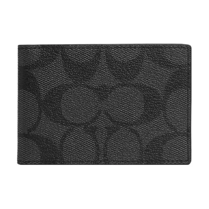COACH Billfold Wallet Coated Canvas With Calfskin Card Holder Unisex Black