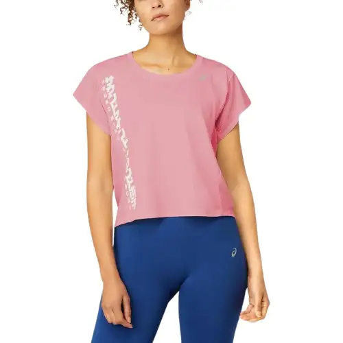 ASICS SMSB T Shirts Women's Pink Crew Neck Moderate Straight Fit