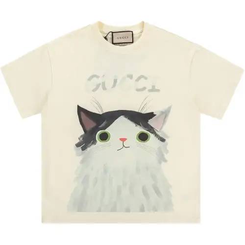GUCCI T Shirts Unisex Oil Painting Cats Crew Neck Thin Straight Fit