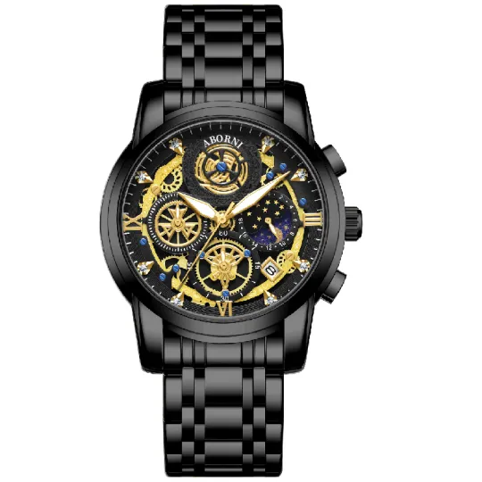 ABORNI Quartz Movement Stainless Steel Watchband Watch Men's Watches Black Dial
