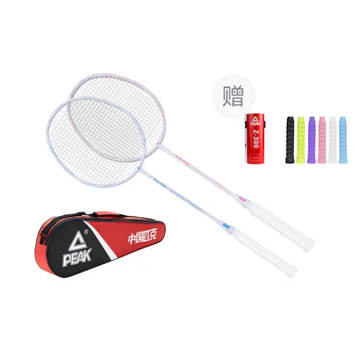 Peak VS series carbon aluminum badminton racket, smooth and stringed, offensive type (heavy racket head and hard rod), entry-level 67.5cm, double racket, white, blue and white powder