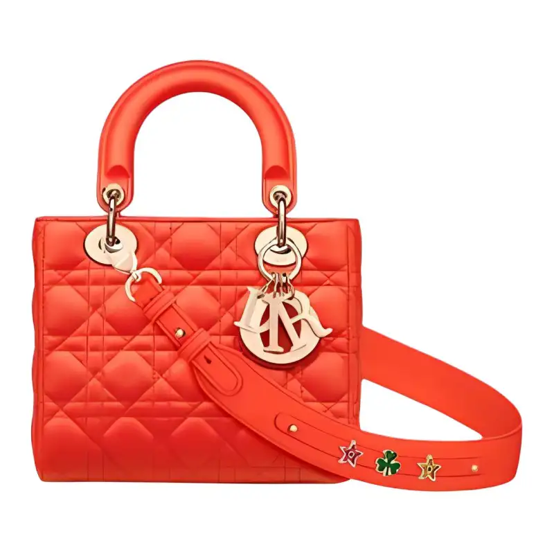 DIOR Lady Dior Sheepskin Wicker Pattern Handbag Small Women's Bright Orange