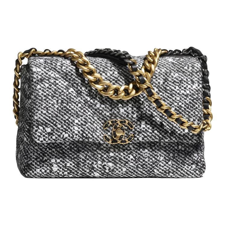 CHANEL 19Bag Soft Metal Woolen Crossbody Bags Large Women's Black/Ivory
